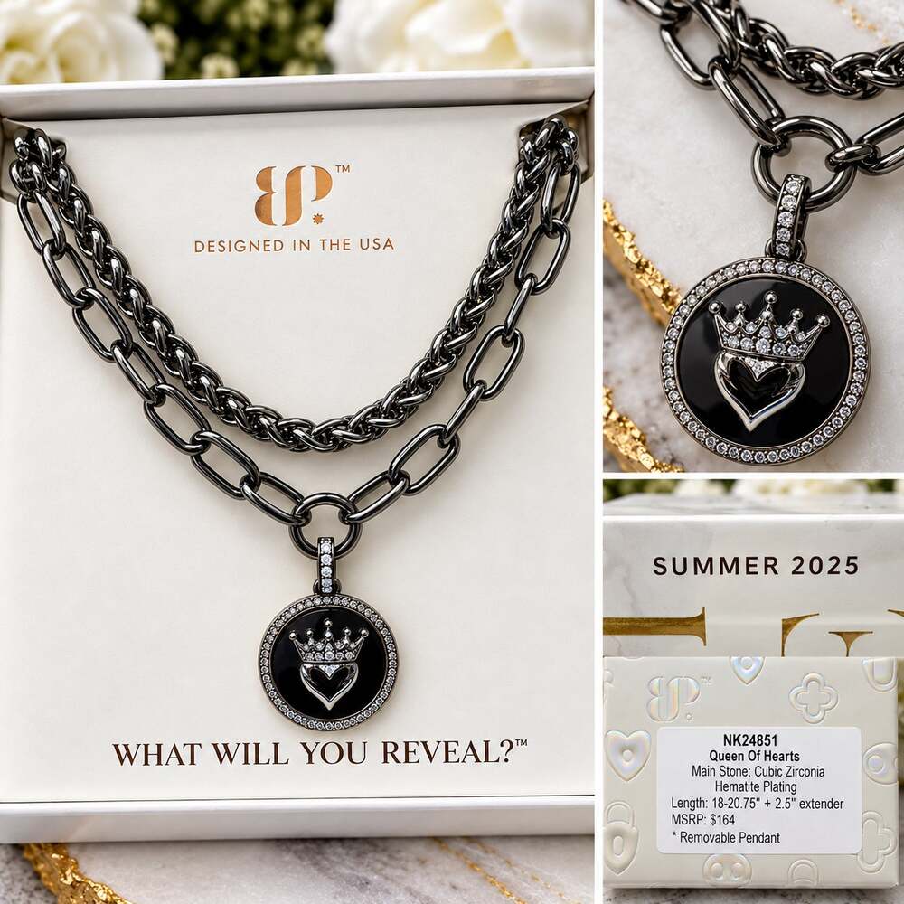 Bomb Party Queen of Hearts Hematite Plated CZ Necklace NK24851